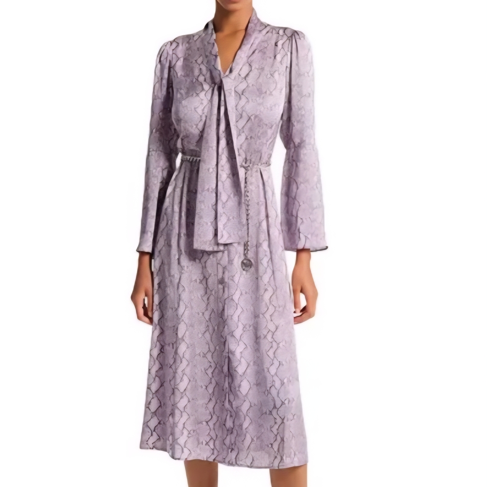 Michael Kors Lavender Snake Print Dress With Bell Sleeves and Silver MK belt